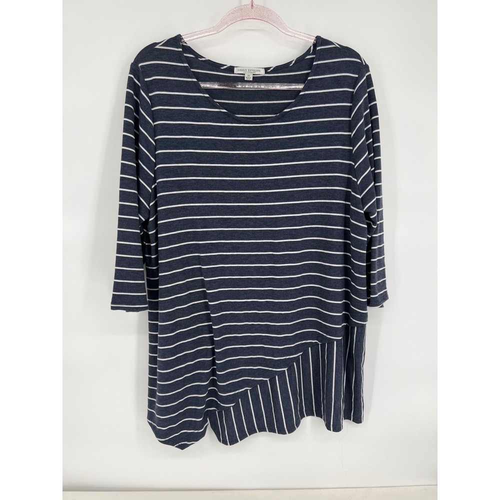 Green Envelope Blue Gray Tunic Top Striped Asymmetric Hem‎ 3/4 Sleeve Plus Sz 2X